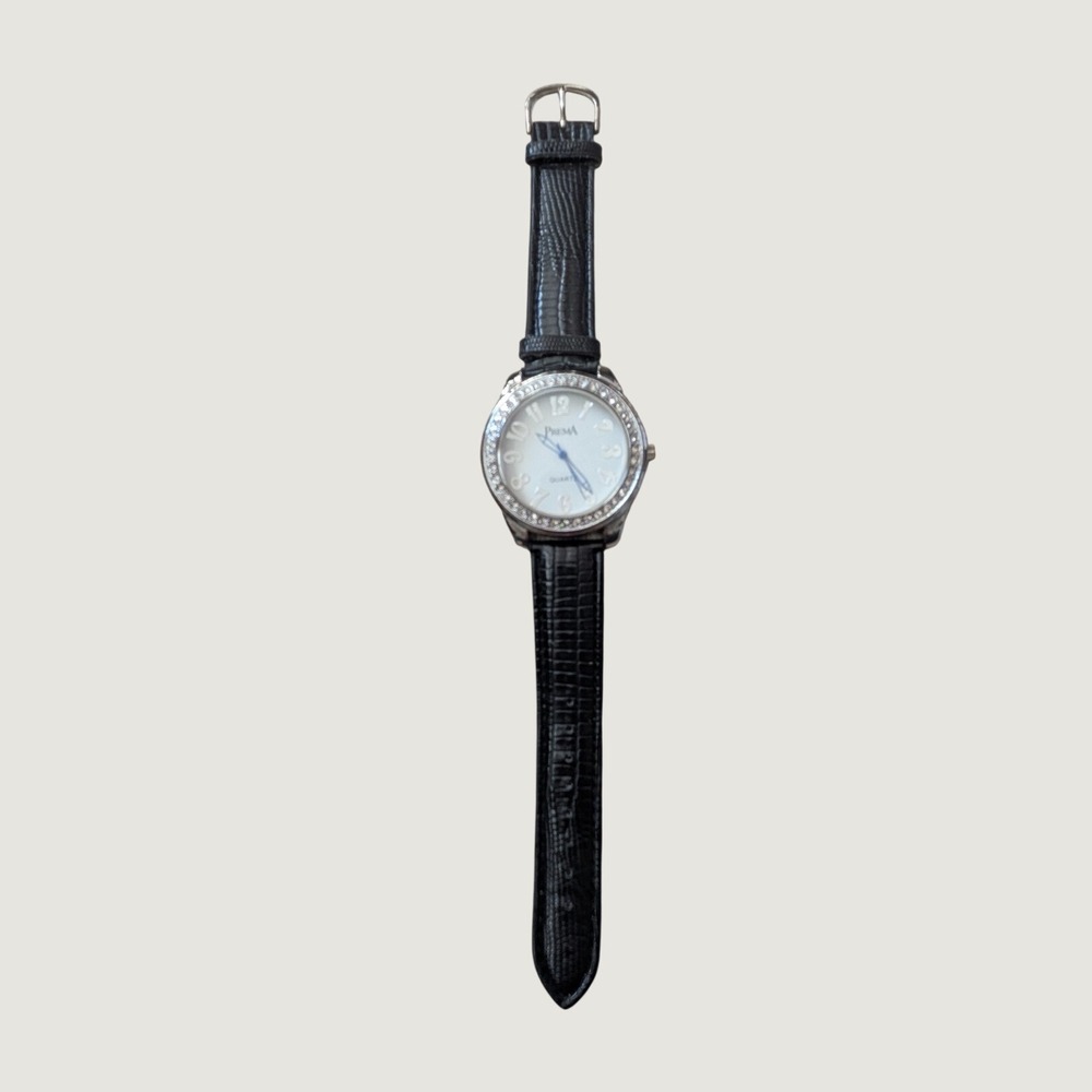 Prema Womens Quartz Watch Silver Tone Rhinestone Bezel Black Lizard Grain Strap